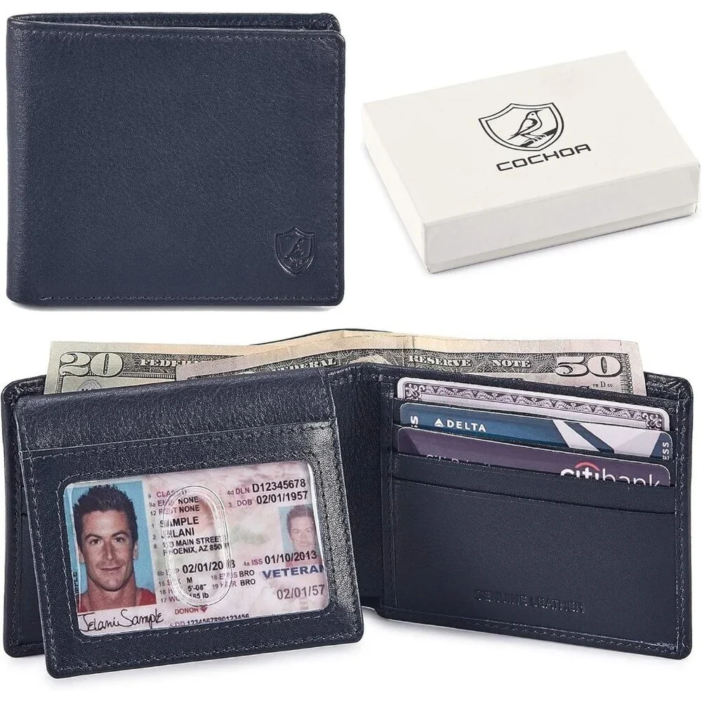 Men's Unique Metal Real Slim Dark Navy Genuine Vintage Leather Stylish Wallet